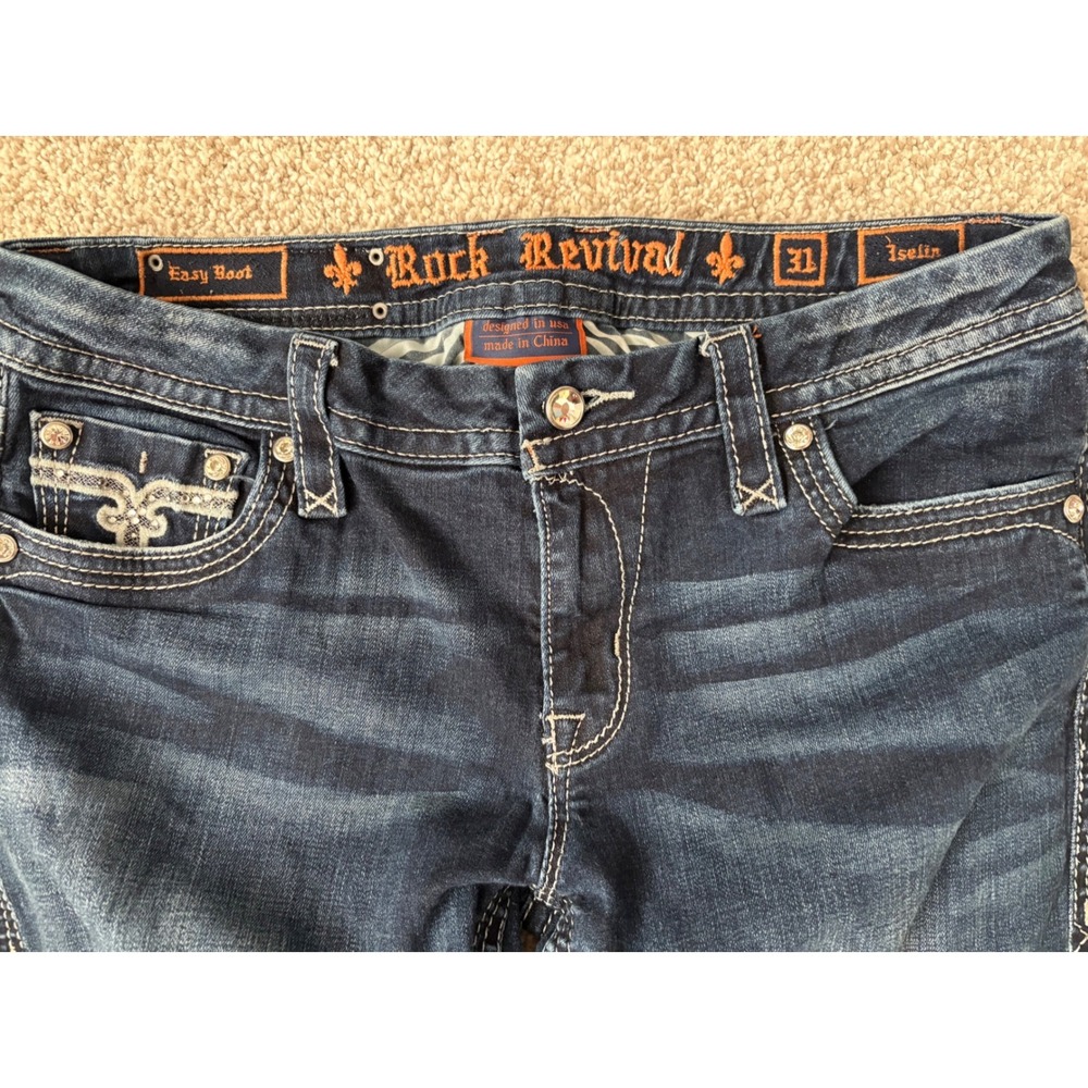 Rock Revival Western Y2K Iselin Easy Boot Jeans 31 Dark Wash Rhinestone - Picture 4 of 10